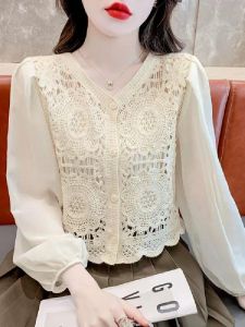 French Vintage Knitted Hollow out V-Neck Open Cardigan Long Sleeve Chiffon Top Early Autumn New Style Splicing Design Womens Fashion