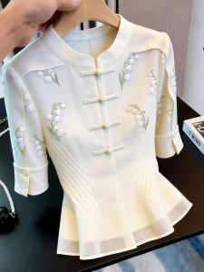 French Elegant Slimming Orchid Lily Embroidery Buckle Blouse