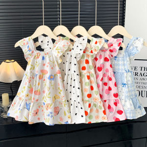 2026 Summer Girls Flutter Sleeve Dress Kids Printed Tiered Princess Dresses for 1-12Y Children Vacation Clothes