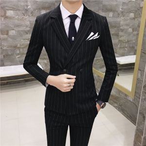 Wedding Suits for Men Double Breasted Groom Tuxedo 2 Pieces Black Striped Style Set Jacket with Pants Formal Male Suit