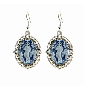 Vintage Blue White Virgin Mary Cameo Earrings Oval Madonna With Angels Glass Pendant Earrings For Women Christian Jewelry
