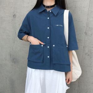 SHUFU 2305 สต็อกพร้อม INS เสื้อเชิ้ตแขนสั้นสำหรับผู้หญิง, พลัสไซส์, คอปก, หลวม