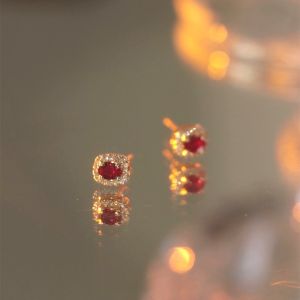 18K Gold Red Ruby Diamond Pure Silver Earrings Womens Vintage Style ly out Fashion Jewelry Ear Decorations