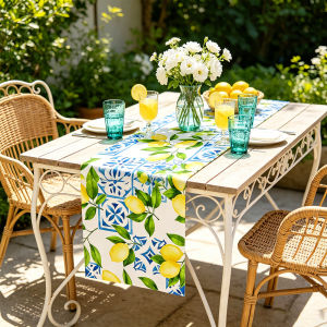 Mediterranean Blue Tile Lemon Print Table Runner Banquet Wedding Indoor Outdoor Dresser Coffee Cabinet Holiday Home Decor