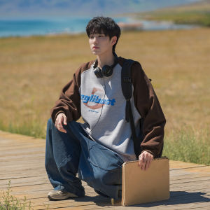 American Retro Heavy Shoulder Sleeve Hoodie Men Spring Autumn New Trend Loose Casual round Neck Top Youth Popular Polyester Fiber