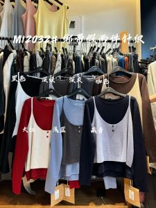 Loose plus Size Womens Knitted Top Casual Lazy Style Fake Two-Piece Set Korean Version Commute Long Sleeve round Neck Mid-Length