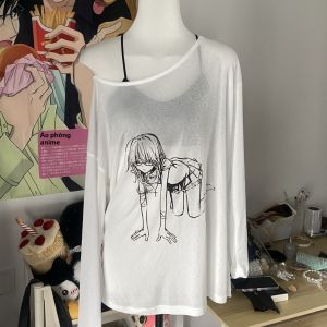 Áo Thun Dài Tay Màu Trắng in Họa Tiết Mùa Hè Mỏng Rộng Rãi Cho Nữ Áo Thun Nữ Mùa Hè Thường Ngày in Họa Tiết Phong Cách Lười Biếng