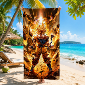 Bandai | Dragon Ball Z Super Saiyan Goku Beach Towel Golden Aura Battle Anime Microfiber Quick Dry Sand-Free Summer Swim Towel