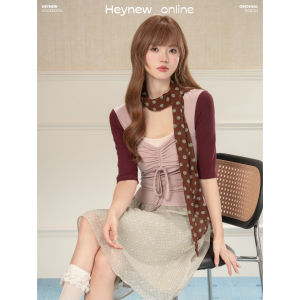 loveheynew | Áo Thun Dài Tay Cổ Kết Nơ Phối Màu Retro Đơn Giản