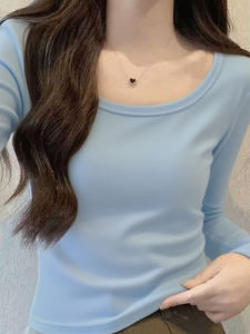 Blue Slim Fit Long Sleeve U-Neck Casual Top for Women Autumn Season Solid Color Versatile Comfortable Cotton T-Shirt