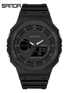 SanDa Youth Sports Waterproof Wristwatch Luminous Alarm Clock Dual Display round Dial Rubber Band Male Student High School