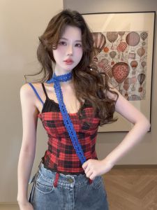 GUZILIAN | American Style Splice Color Block Fake Two-Piece Strap Vest Women Summer Outdoor Wear Slim Fit Short Sleeveless Top