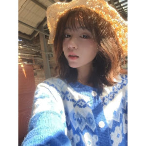 BINKAFENNY | Blue Fair Isle Knit Cardigan Womens Outerwear Autumn Winter Lazy Style Long Sleeve Round Neck Warmth Emitting Outerwear