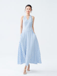 Blue Check V-Neck Halter Waist Tie Summer Dress