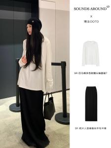 เสื้อยืดคอกลมแขนยาวทรงหลวมสไตล์ลำลองสำหรับใส่ไปทำงานในช่วงต้นฤดูใบไม้ผลิ SOUNDS AROUND2025 ผ้าฝ้ายผสมยางยืด