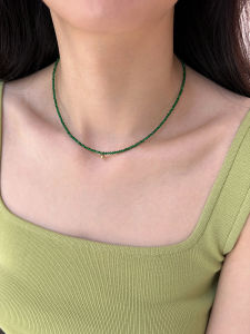 Ultra-Thin Natural Green Agate Beaded Necklace Rice Grain Womens Style Pearl White Enhancing Dainty Commuter Titanium Steel Pendant