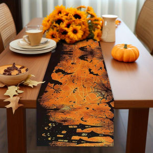 1Pc Halloween Themed Table Runner Orange and Black with Castle Ghost and Pumpkin Pattern Suitable for Parties Restaurants Home Market Holiday Decoration Scenes.