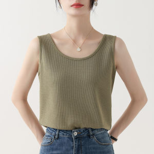 เสื้อกั๊กแขนกุดสีเบจใหม่ ฤดูร้อน 2025 เสื้อชั้นในสตรีทรงหลวม คอตั้ง ผ้าฝ้ายผสมโพลีเอสเตอร์ สำหรับใส่ทำงาน