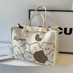 Large Capacity Bear Canvas Tote Bag Womens Handbag Fashionable 2025 New Style Student Computer Bag Soft Polyester Lining