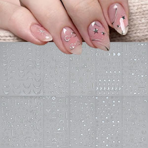 1Pcs 3D Silver Nail Stickers Star Moon Sun Geometric French Lines Self-Adhesive Nail Decals for Women Girls DIY Manicure Salon