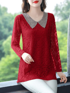 เสื้อเชิ้ตคอวีแขนยาวผู้หญิงสไตล์เกาหลีทรงหลวมๆ ผ้าไนลอนสีพื้นสำหรับฤดูใบไม้ร่วงปี 2022 เสื้อเชิ้ตผ้าลูกไม้ทรงยาวปานกลางสำหรับคุณแม่