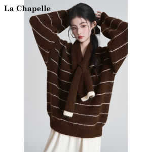 La Chapelle | Soft Knit Sweater with V-neck Stripe Contrast Loose Fit and Scarf Set