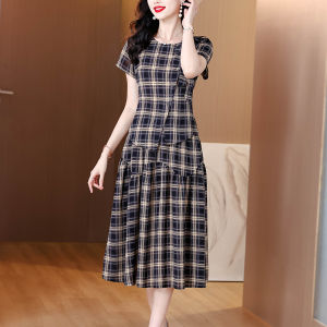 MAIMEI | High-End Cotton Linen Plaid Mini Skirt Two-Piece Set For Plus Size Women Summer 2025 A-Line Sleeve Short Sleeve Round Neck