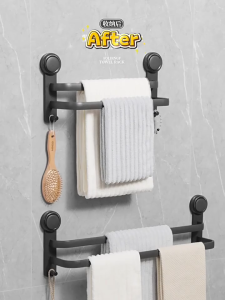 Ecoco Aluminum Towel Holder Organizer Double Rod Towel Hanger No Drill Suction Cup Adjustable