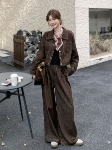 Cafe Au Lait Retro Loose Womens Denim Set High Waist Wide Leg Pants Jacket Two Piece Suit Autumn Fashion Casual Outfit