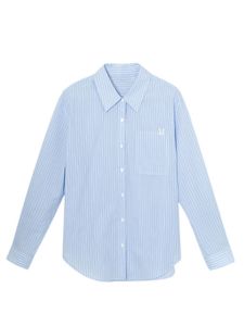 เสื้อเชิ้ตคอโปโลแขนยาวผู้หญิงสีน้ำเงินลายทางผ้าฝ้ายแท้ 100% สำหรับใส่ไปทำงาน สไตล์เรียบง่าย ปกติ จีบ กระดุมหลายเม็ด