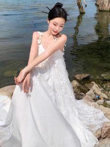 White Lace Mesh Strap Dress Butterfly Gown Morning Robe Long Loose Holiday Beach Skirt Adjustable Shoulder Strap Uneven Hem V-Neck