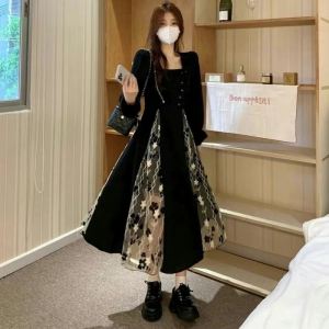 Dress Mesh Retro Women Summer Black Floral - G039