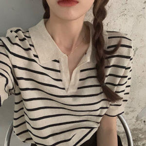Polo Striped V-neck Short Knitted Short Sleeve Top