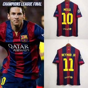 short-sleeved 1415 season Barcelona Retro Jersey home Champions League final jersey set football match uniform + shorts Neymar Messi Messi No. 10