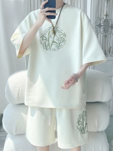 ROMON | Lormen Mens Ice Silk Set Summer Thin Casual Loose Sporty Short Sleeve T-Shirt And Shorts Polyester Fiber Large Size Leisure Wear