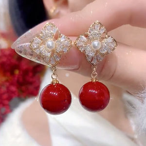 New Year Celebration Full Diamond Petal Red Bead Earrings Luxury Sensation Festive Jewelry Elegant Versatile Slimming Face