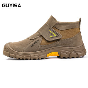 Giày Bảo Hộ Lao Động Nam GUYISA Mũi Thép Chống Đâm Xuyên Chống Va Đập Màu Nâu Cổ Cao Dán Dính Chống Cháy Đế Cao Su