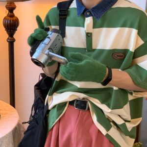 American Retro Striped Loose Fit Short Sleeve Polo Shirt with Denim Collar Versatile College Style Casual Top for Women