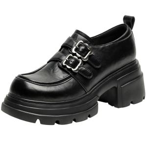 Josiny | Women British College Thick Heel Loafer Shoes Black