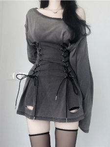 พลัสไซส์ อเมริกัน ดีไซน์ เจาะรูกรีดไหล่ มีเข็มขัด เอว เดรส ผู้หญิง ฤดูใบไม้ร่วง ไล่ระดับสีเผ็ด ทรงเอ กระโปรงสั้น