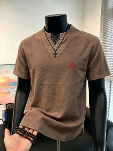 LIUBU | Embroidered V-Neck Retro Linen-like Short Sleeve Shirt