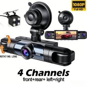 Dash Cam 1080P 360° Vehicle DVR Driving Recorder 4-channel 3.16-inch LCD Screen Rotatable Lens Night Vision Loop Recording