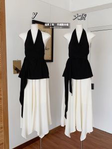 French Style Gentle Asymmetrical White Halter Neck V-Neck Womens Spring Summer Top And Skirt Set High Waist Midi A-Line Skirt