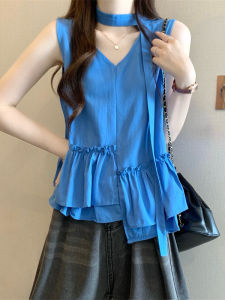chaqi | Pleated V-Neck Blue Vest