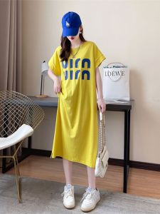 Fashionable Large Size Womens Long T-Shirt Dress with Slit Casual Loose Slimming Short Sleeve Summer Dress Korean Style