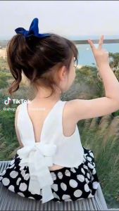 เสื้อผ้าแฟชั่นเด็กผู้หญิง สไตล์เกาหลีชุด2ชิ้น (เสื้อแขนกุดเปิดไหล่ผูกโบหลัง +กางเกง) เนื้อผ้านิ่มใส่สบาย ไซส์ขนาด90-140ซม.