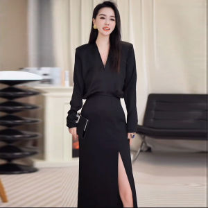 Elegant Black Asymmetrical Dress Set for Important Autumn Winter Occasions Womens High Waist A-Line Skirt Long Sleeve V-Neck