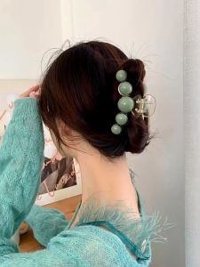Korean Style Womens Green Pearl Hair Clip: Large Curly Claw Hair Ornament and Headpiece