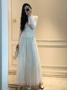 KUN Basic Heavyweight Lace Splice Womens Shirt Slim Fit Versatile Top New Style Long Sleeve round Neck Pure Color Design