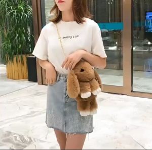 Tas selempang wanita kelinci kartun mewah lucu bulu korean style